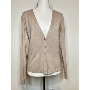 NY&C Tan‎ V-Neck Cardigan Sweater Button Front Ribbed Knit Hem & Cuffs